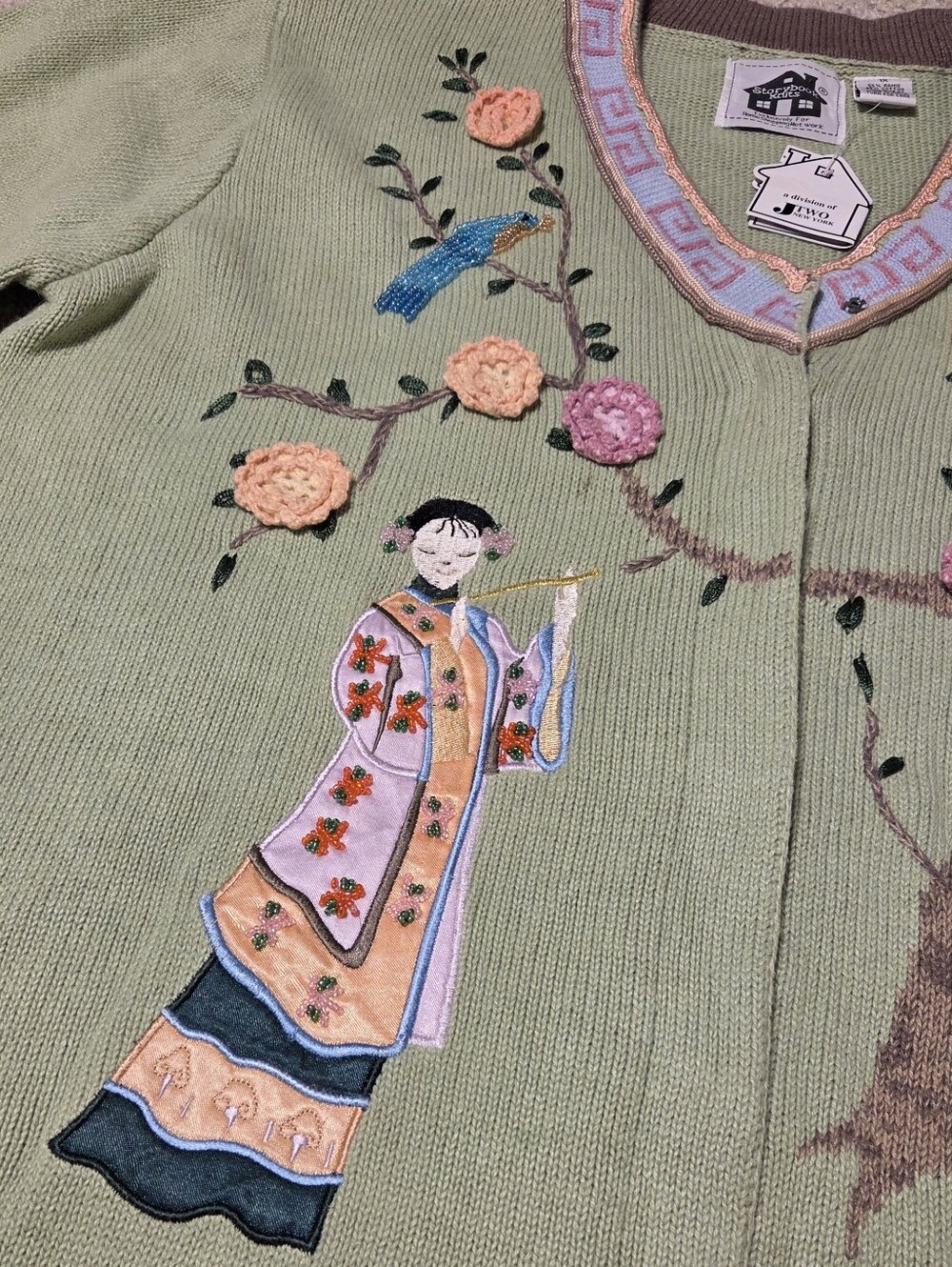 NWT Storybook Knits Asian Geisha Oriental 3d Sweater 1X Green Y2k 80s 90s Beads - Picture 2 of 10